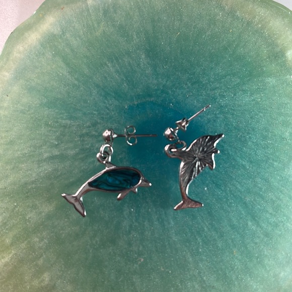 4️⃣for$20 new handmade blue turquoise abalone gemstone dolphin dangle earring - Picture 3 of 3